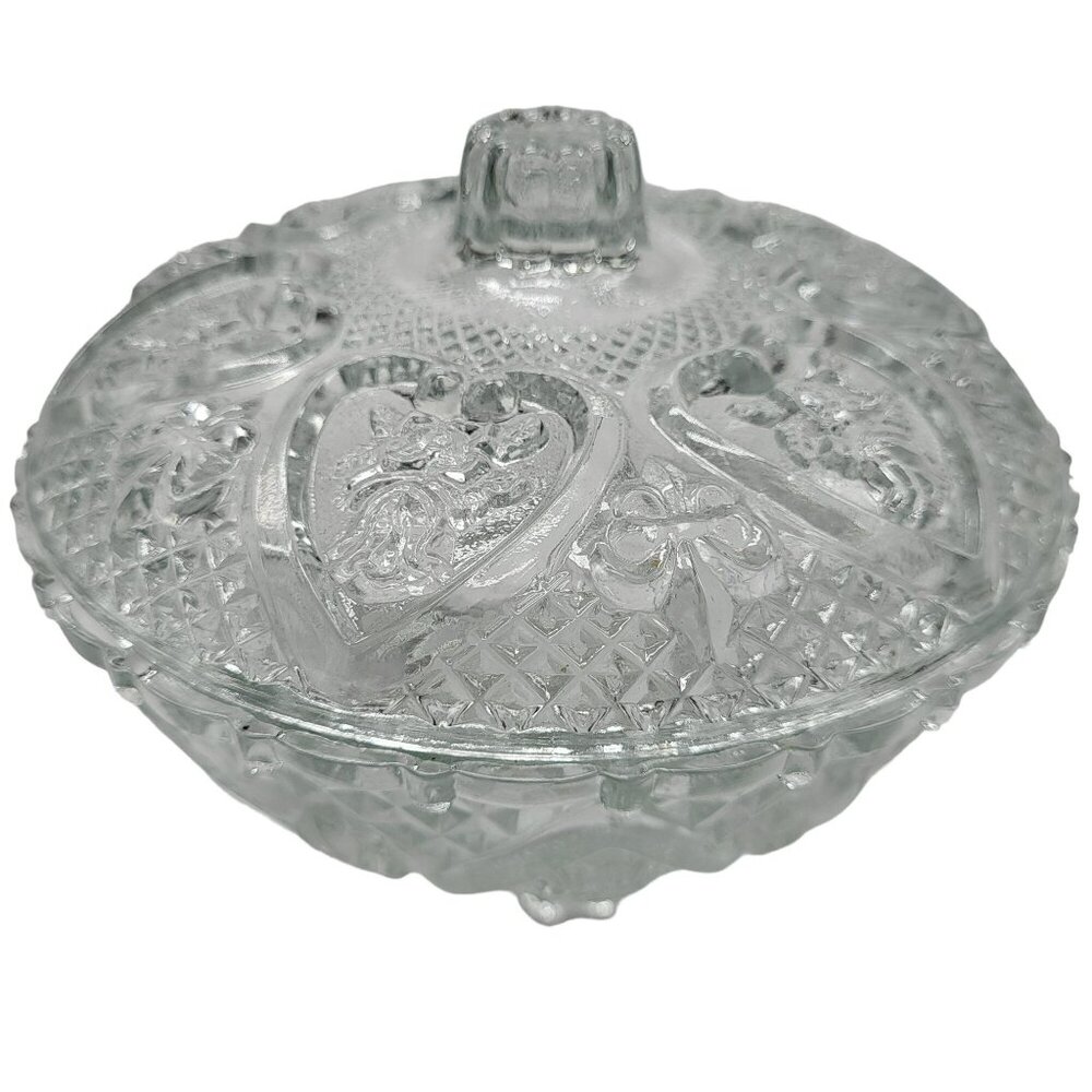 Vintage KIG Malaysia Depression Glass Candy Nut Dish Lid Rose & Heart Design